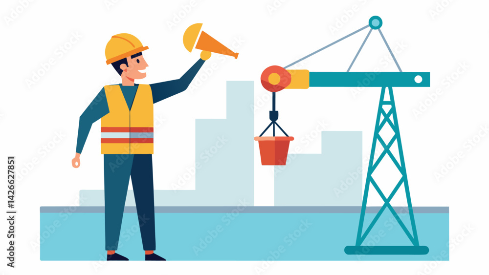 Poster a worker using a bullhorn to give clear and direct instructions to the crane operator as they lower 
