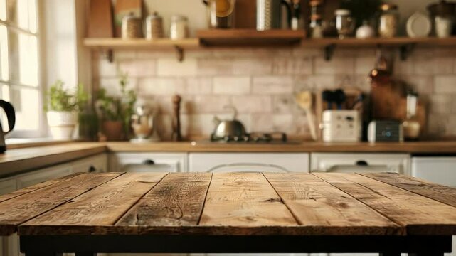Cozy and Modern Kitchen with Rustic Wooden Table and Warm Natural Light Streaming Through Windows