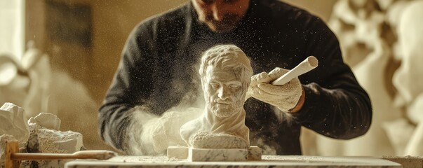 Blending of a sculptor with marble dust and a chisel, depicting the physical craft of sculpting