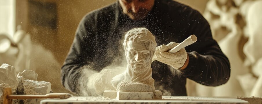 Blending of a sculptor with marble dust and a chisel, depicting the physical craft of sculpting