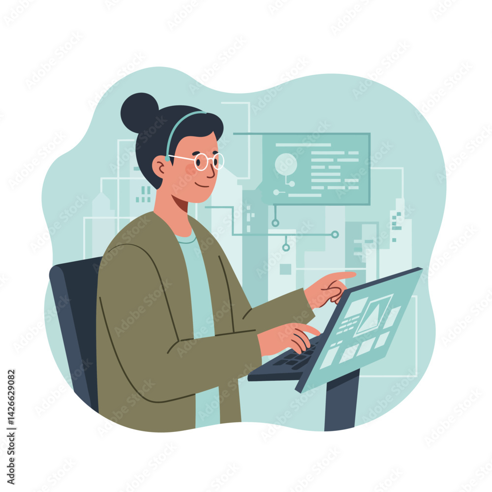 Poster woman using futuristic touchscreen digital interface for technology interaction in office workspace 