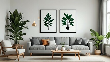 Blank Wall Art Mockup in Scandinavian Living Room Interior