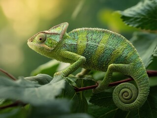 Obraz premium Vibrant chameleon perched on a leafy branch, symbolizing adaptation and camouflage. Ideal for wildlife documentaries, nature publications, and educational materials.