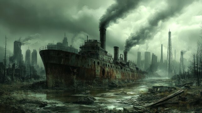 Ruined city, polluted river, abandoned ship. Grim, post-apocalyptic scene - Powered by Adobe