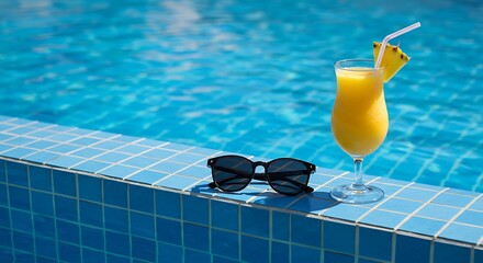 A refreshing pineapple cocktail and sunglasses sitting by a blue tiled swimming pool edge on a sunny day