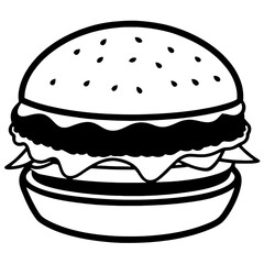 Black and White Vector Illustration of a Cheeseburger with Toppings