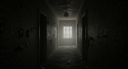 Creepy Corridor with Peeling Walls and a Window at the End