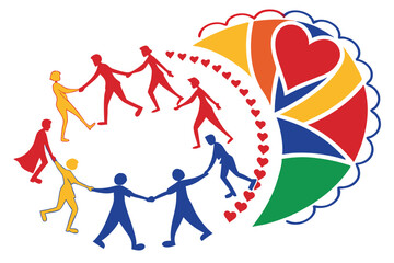 101 Colorful stylized figures, circle of unity, diverse community, holding hands, heart symbol, geometric shapes, vibrant colors, togetherness illustration, simple design, inclusive society, harmony c