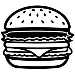 Black and White Vector Illustration of a Cheeseburger with Toppings