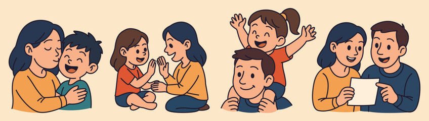 Happy Family Moments, Parents and Children Spending Quality Time Together in Cute Vector illustration