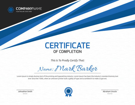 Certificate of Completion Design: Modern and professional certificate template featuring a sleek blue and black design. - Powered by Adobe