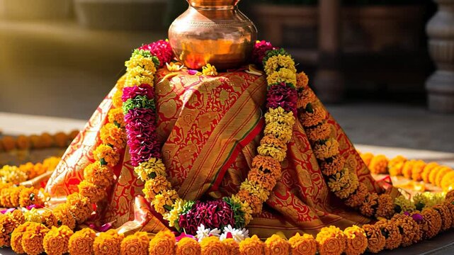 Vibrant indian floral and copper pot arrangement for traditional rituals