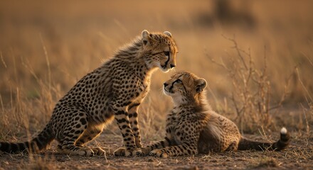 Naklejka premium Cheetah Cubs Interacting in Golden Light