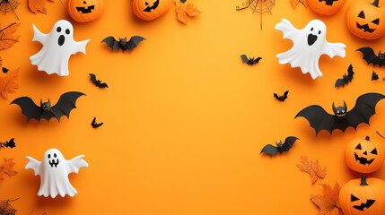 Charming Halloween background with playful pumpkins, ghosts, and bats creating a whimsical atmosphere for festivities