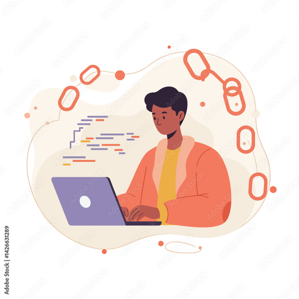 Poster young person coding on laptop with abstract programming elements vector illustration in warm tones