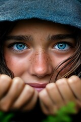 Close-Up Portrait of Frightened Girl with Blue Eyes and Freckles – Emotional, Intense, and Expressive Image