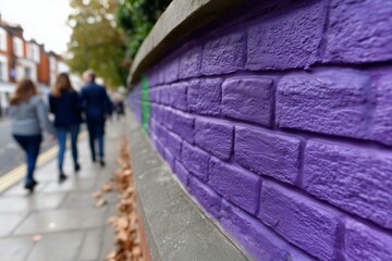 Vibrant purple brick wall in focus, with blurred pedestrians walking along the street, creating a lively urban scene.