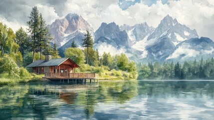 Fototapeta premium Serene mountain cabin nestled on a tranquil lake with breathtaking views.