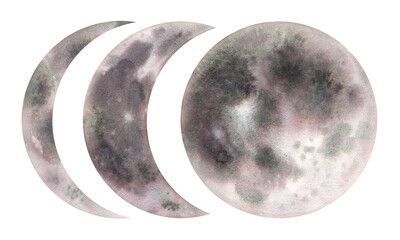 Watercolor illustration moon phases crescent various isolated background painting. Hand painted illustration elements space design set collection. Design, print, fabric, decor, decoration, poster card