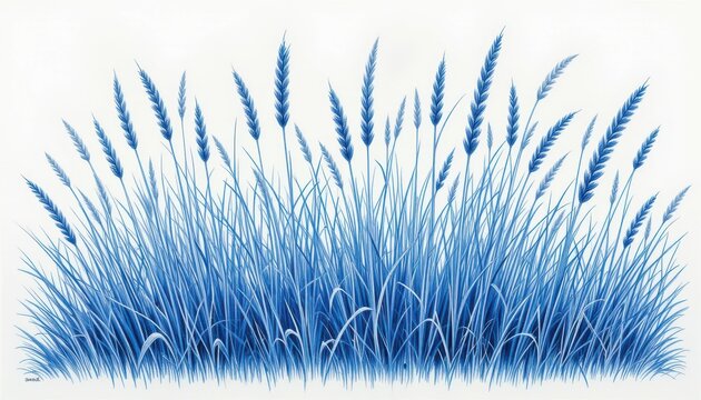 Blue Grass and Wheat Illustration on White Background