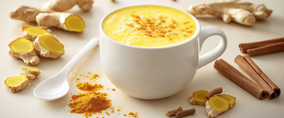 vibrant turmeric latte still life with spices,