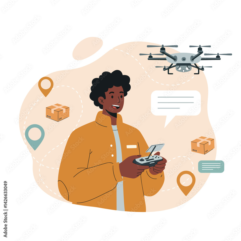 Poster man controlling drone for delivery service with location pins and packages in modern vector illustra