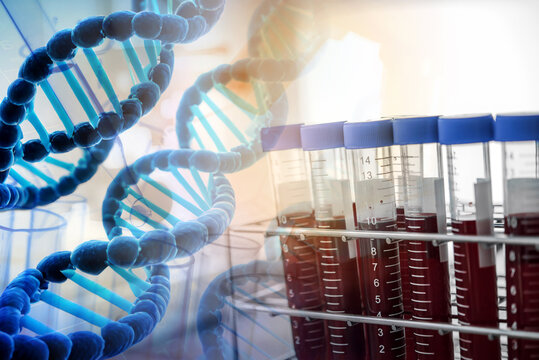 lab technician assistant analyzing a blood sample in test tube to research DNA at laboratory with microscope. Medical, pharmaceutical and scientific research and development concept.	
