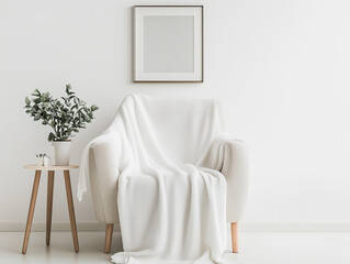 Soft fabric blanket on modern chair in sunlight interior. The concept conveys minimal home decor, peaceful lifestyle, and cozy Scandinavian atmosphere.