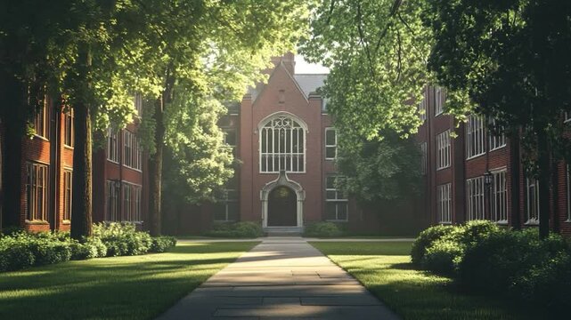 Serene college campus pathway lined with trees and brick buildings