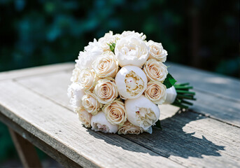 Elegant Wedding Flower Bouquet on Rustic Table