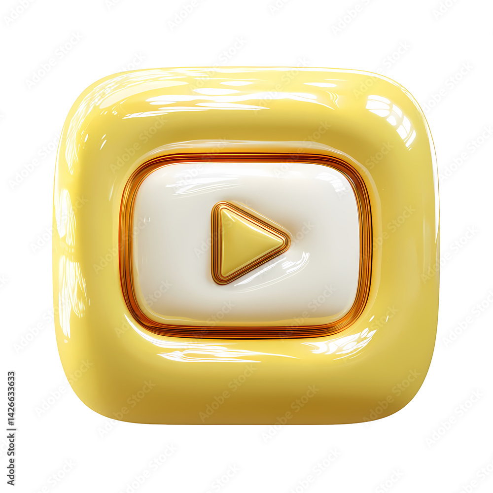 Poster glossy yellow play button icon 3d render square shape