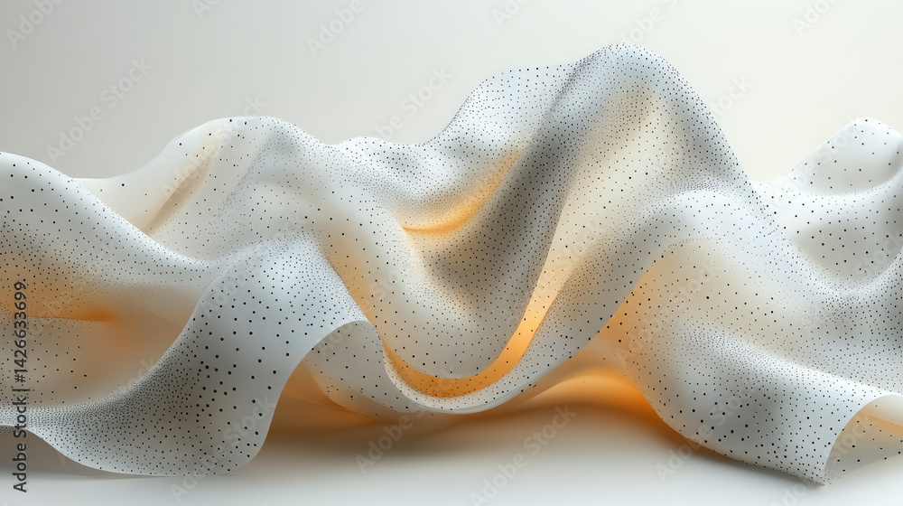 Poster flowing white fabric with laser cut patterns creates dynamic and elegant visual. intricate design and soft folds evoke sense of movement and sophistication