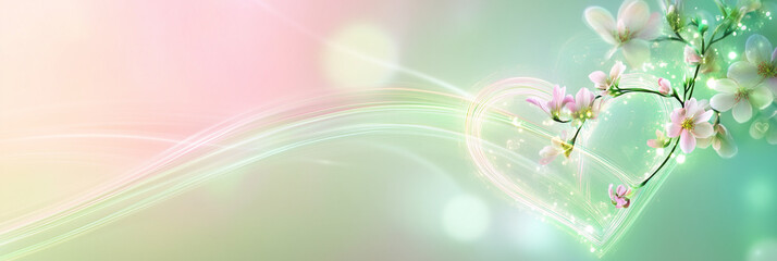 Romantic digital background with pastel hearts and floral decorations. The concept of the emotion, tenderness, and dreamy affection in contemporary visual style. Banner, free space, mockup, space for 