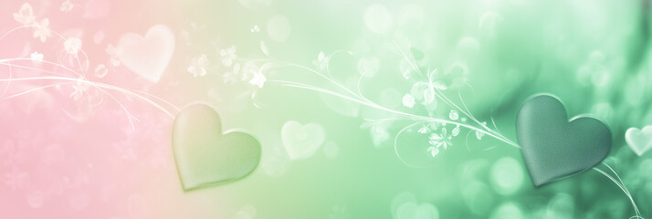 Elegant heart icons floating among glowing botanical elements. The concept of softness, beauty, and love in a peaceful romantic setting. Banner, free space, mockup, space for text