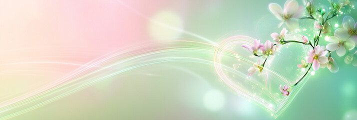 Shiny heart shapes with dreamy floral swirls on a pink and green gradient. The concept of romantic atmosphere and affection through modern digital art. Banner, free space, mockup, space for text