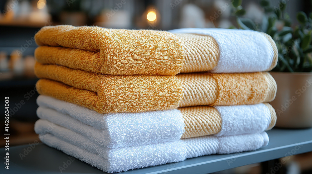 Poster neatly folded cotton towels in yellow and white are stacked on shelf, creating cozy and organized at