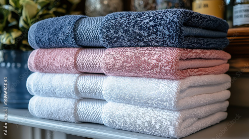 Poster neatly folded cotton towels in blue, pink, and white are stacked on shelf, creating tidy and invitin