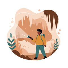 Explorer discovering cave interior with flashlight and backpack in natural adventure setting vector illustration 