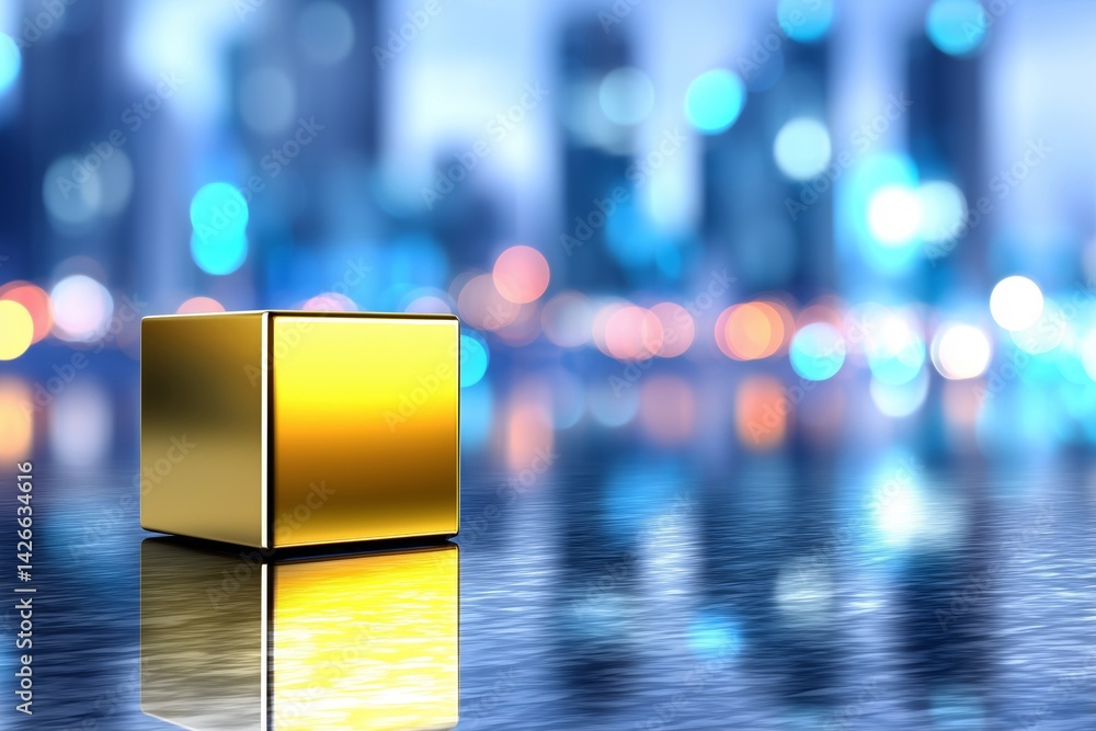 Aufkleber a shiny golden cube placed on a reflective surface, set against a blurred cityscape background with 