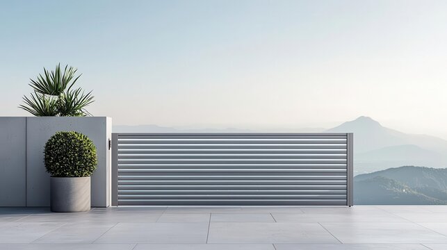 Minimalist horizontalslatted stainless steel gate with automated motorized opening, soft LED integration, and a sleek urban appeal