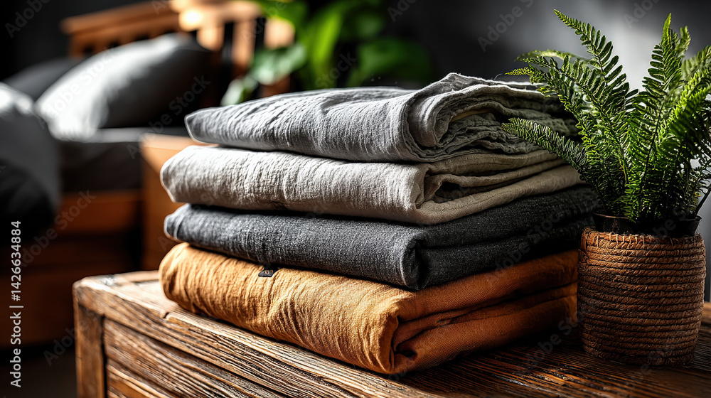 Poster folded cotton bed sheets in soft, neutral tones are neatly stacked on wooden table, creating cozy an