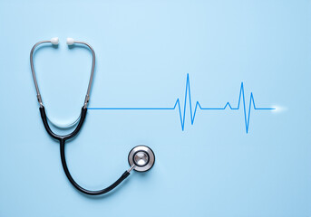 Stethoscope Heartbeat Line Blue Background Medical Health Concept