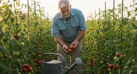 Fototapeta premium A senior man is tending his tomato plants in a garden