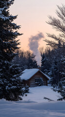Naklejka premium Wood cabin in snowy forest at sunset with smoke rising from chimney in peaceful winter mountain landscape