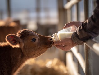 Adorable calf being bottle-fed milk in a barn, representing care and nurture. Ideal for farming, animal welfare, and agricultural education.