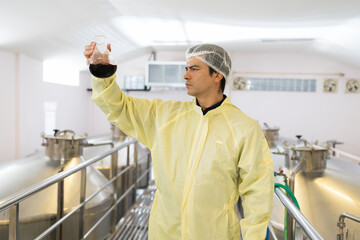 Winemaker inspecting quality the process of fermentation during manufacturing in winery factory