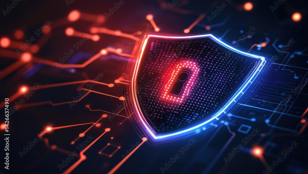 Poster glowing shield with padlock on circuit board abstract cybersecurity concept