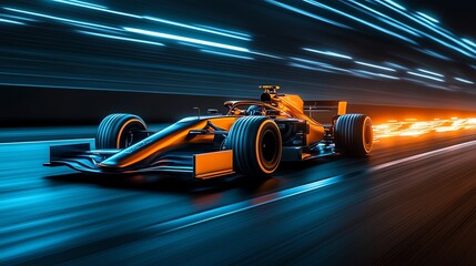 A Formula 1 car racing down a track at night neon ligh