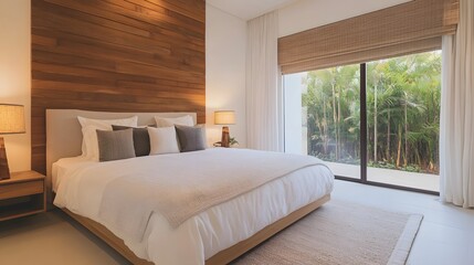Fototapeta premium Serene and Cozy Modern Bedroom with Elegant Interior Design