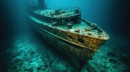 Fototapete Rund Rusty ship wreck, submerged in deep ocean waters.  Coral reef bottom visible © HERMAWAN